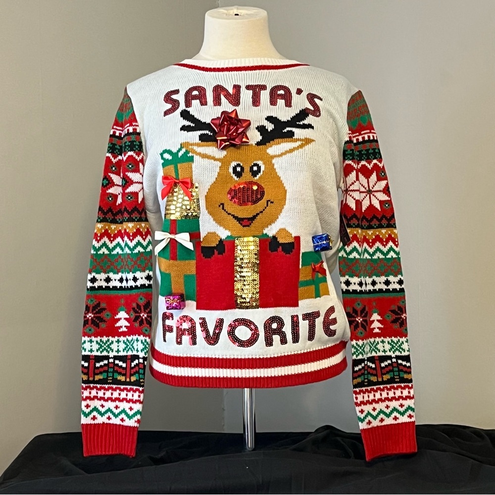 Santa’s Favorite Ugly Funny Christmas Sweater NOBO Large 11-13 XL 15-17 Sequin